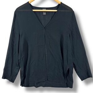 Eileen Fisher Black Sheer Silk One Button V-Neck Blouse Size Small